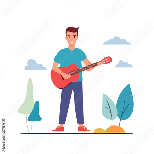 Man playing red guitar in flat illustration style