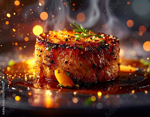 A savory piece of grilled meat with herbs