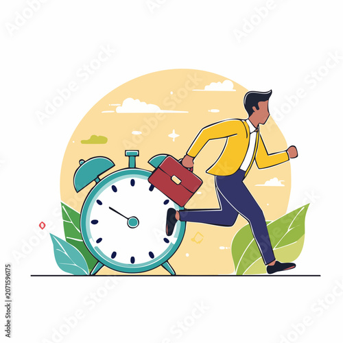 Man running with briefcase next to alarm clock