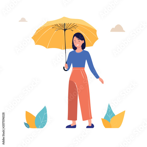 Woman holding yellow umbrella in flat vector style