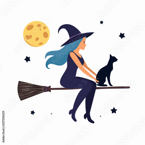 Witch flying on broom with black cat under the moon