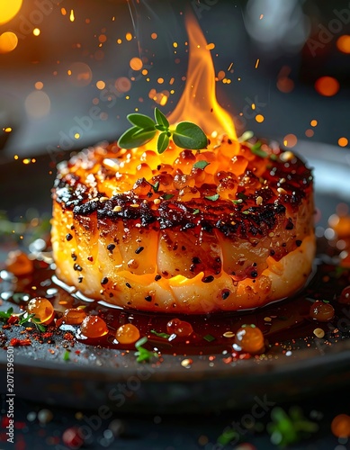 A seared scallop on fire with herbs and sauce on a plate