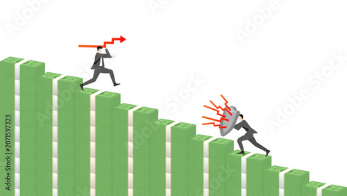Fotografija Businessman defending financial wealth on banknote staircase against bearish mar