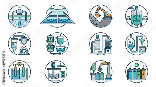 Tableau sur toile Collection of Industrial Water Treatment Process Icons.
