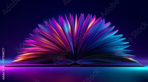 An open book with illuminated, colorful pages that suggest education, creativity, and inspiration. Ideal for use in educational content, marketing campaigns, and creative projects that emphasize