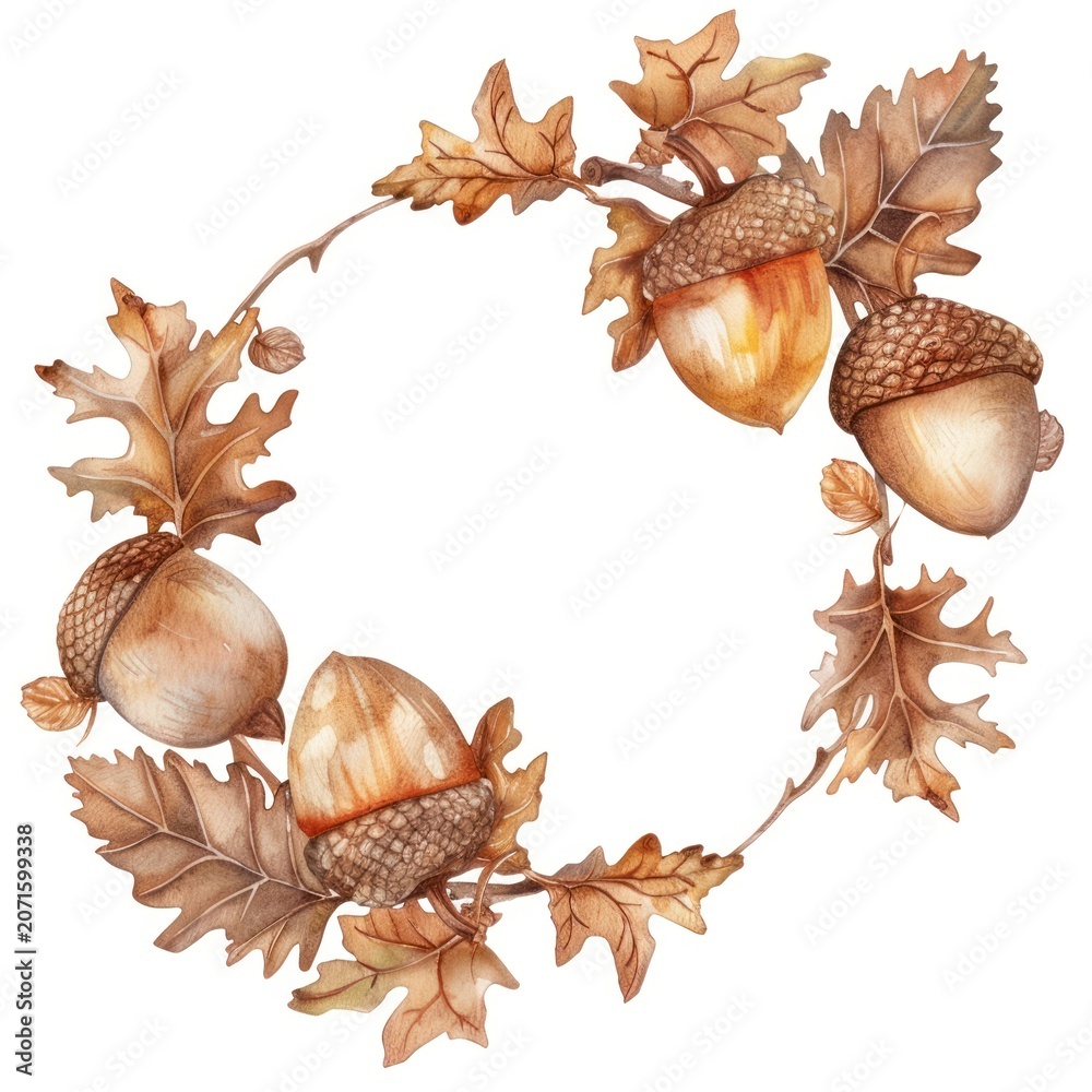 Obraz premium Acorn frame watercolor vegetable plant white background.
