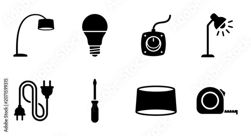 Tableau sur toile Electrical Tools and Lighting Icons Set, Vector Graphics for Home Improvement an