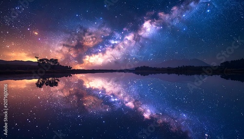 Stunning starry night reflected on calm water