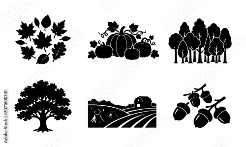Photos Autumn Harvest Icons: Fall Leaves, Pumpkins, Forest, Oak Tree, Farm Landscape, A