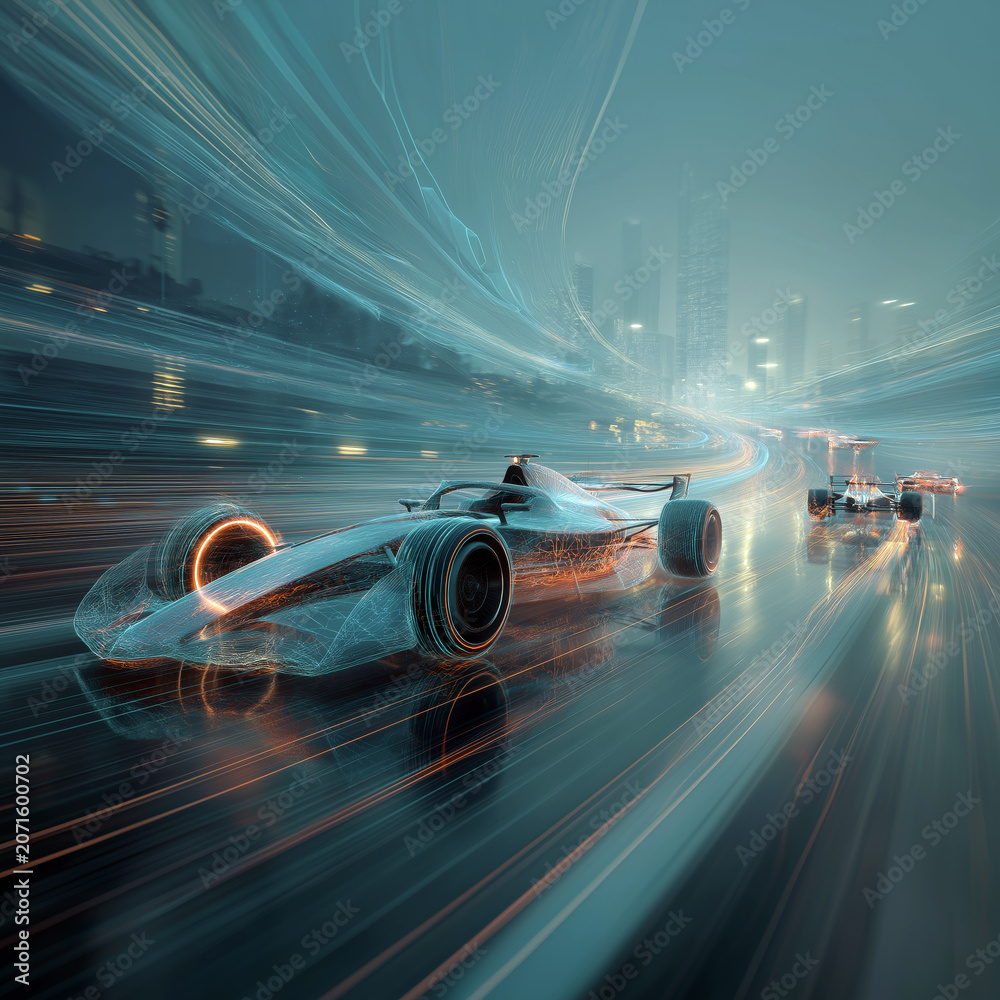 Naklejka premium Futuristic wireframe race car with cyan light trails on wet circuit