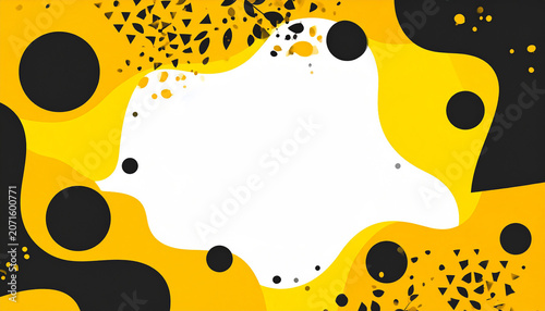 Abstract grunge vertical banner background featuring a horizontally composed bright yellow painted wall texture combined with contrasting black and white artistic paint spots and splatters.