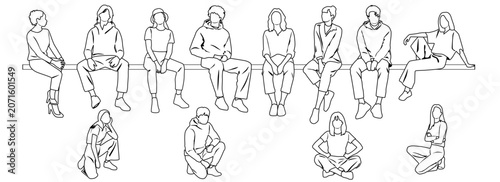 A collection of silhouettes of men, women and teenagers sitting on a bench, hand drawn, line sketches; vector images, a group of people, black and white colors on a white background