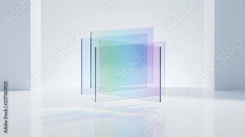 Abstract composition with multiple overlapping iridescent glass panels floating in bright minimalist white studio setting casting colorful light reflections floor.