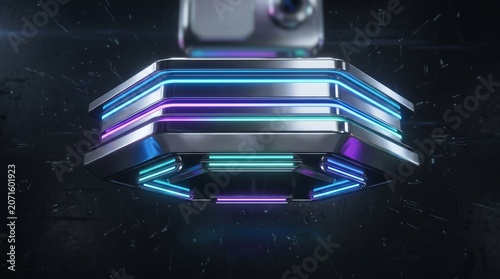 Futuristic metallic hexagonal platform with cyan and purple neon light strips floating in dark space creates high technology atmosphere for product presentation.