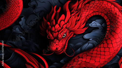 A fierce red dragon with sharp scales and intense eyes coils against a dark, swirling background featuring subtle shadows.