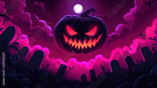 A glowing jack-o'-lantern hovers over a graveyard under a full moon in a dark sky with ominous purple-pink clouds.