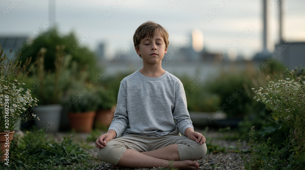 Fototapeta premium Young boy in lotus position on industrial rooftop garden at sunrise, city skyline soft behind him, eyes shut, breathing steady amid potted wildflowers, perfect for kids