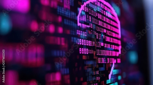 A glowing digital skull composed of binary code and data symbols sits against a dark background infused with neon pink and blue hues, representing cyber threats.