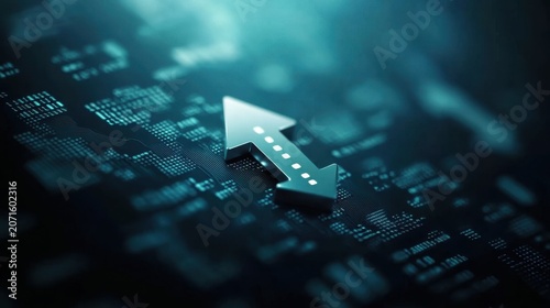 A metallic double-headed arrow on a glowing digital interface symbolizes data transfer, with a blurred background of text and technical details.