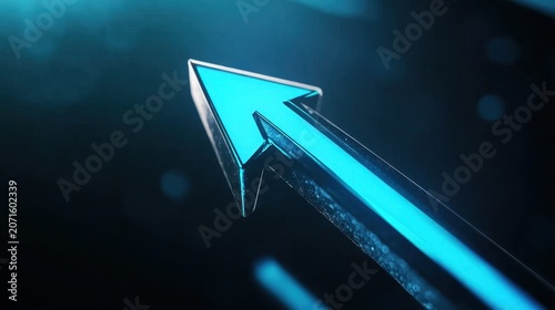 A glowing blue arrow points upward against a dark, blurred background with shimmering blue light spots, evoking a futuristic vibe.