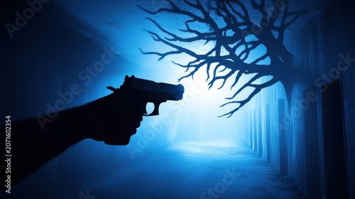 A silhouetted hand points a gun, casting its shadow on a wall that resembles a twisted, leafless tree in a dimly lit blue corridor.