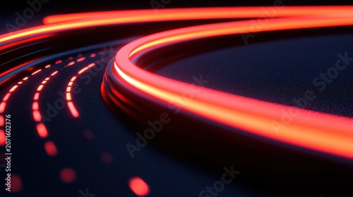Glowing red neon tubes form smooth, curved lines against a dark textured surface, creating a vibrant, futuristic ambiance.