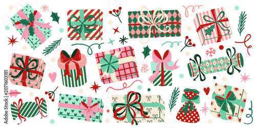 Fotografie Hand drawn retro Christmas gift boxes with holiday wrapping paper and ribbons illustration set