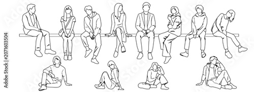 A collection of silhouettes of men, women and teenagers sitting on a bench, hand drawn, line sketches; vector images, a group of people, black and white colors on a white background
