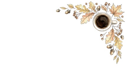 Autumnal Coffee Cup with Golden Leaves and Acorns Corner Border.