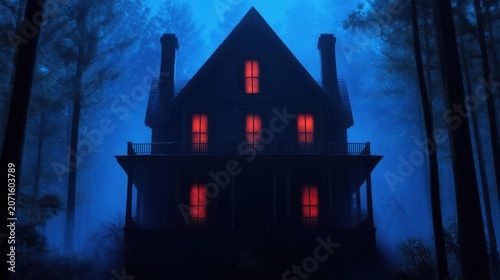 A dark house with glowing red windows looms in a misty forest at night, shrouded in blue fog and tall trees.
