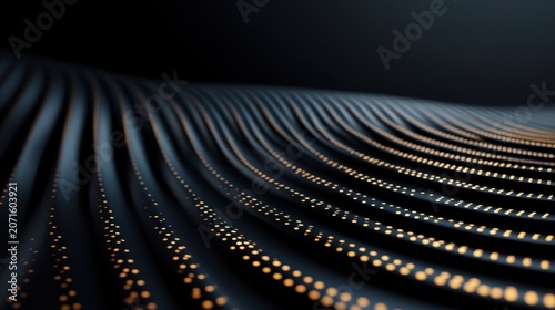 A dark, wavy surface features evenly spaced glowing dots in parallel lines, forming a flowing, futuristic pattern.