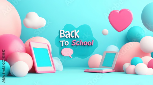 A vibrant scene featuring oversized spheres, a tablet, a laptop, and a heart balloon complements the text 