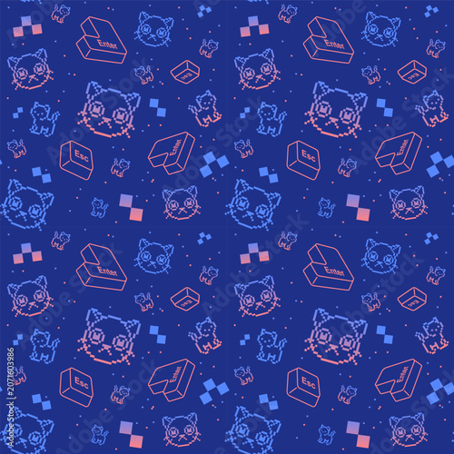 Pixel cats and keyboard buttons on the blue background. Vector seamless pattern. Cute cats series.