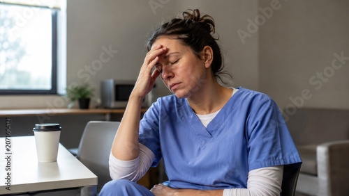 Female healthcare worker in blue scrubs sitting in a break room, looking exhausted with hand on forehead, coffee cup nearby, conveying fatigue and stress