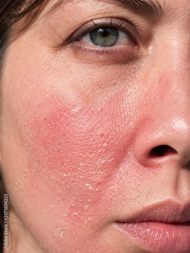 Close-up of adult woman with red irritated dry skin and flakes on cheek in natural light