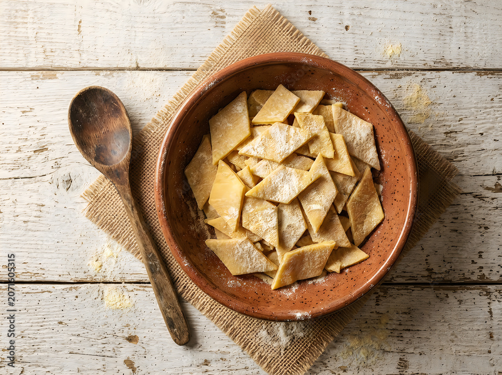 Fototapeta premium Raw cut pasta pieces in a brown ceramic bowl on a wooden table