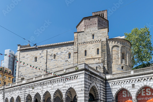 santo Stefano church over covered walkway on XX Settembre street in central district, Genova