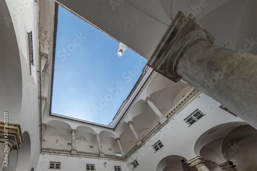 covered walkway in cloister at Ducale Palace in central district, Genova