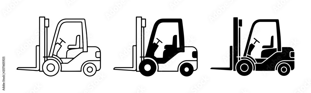 Fototapeta premium Forklift Truck Icons Set, Industrial Vehicle Vector Graphics, Warehouse Equipment Illustrations