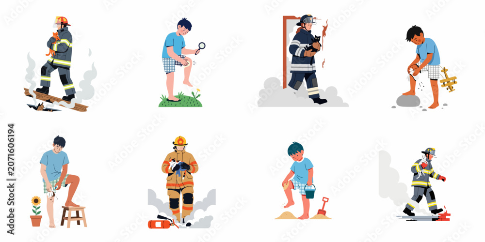 Fototapeta premium Collection of illustrations featuring firefighters rescuing cats from fire and smoke, and a young boy applying first aid to a scraped knee.