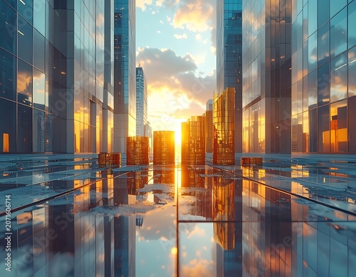 Modern cityscape with skyscrapers at sunset.