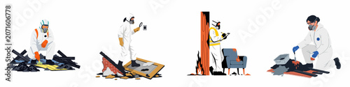 Foto Collection of flat vector illustrations depicting fire forensic investigators in protective gear examining charred remains and collecting evidence at various fire scenes