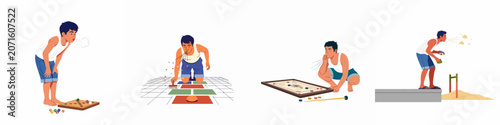 Foto Illustrations of people blowing and spitting during traditional games and daily activities, emphasizing respiratory droplet transmission for health and hygiene awareness