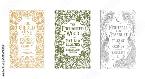 Schilderij op canvas Vintage Art Nouveau book cover set, 3 ornate floral and celestial illustrations,