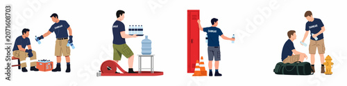 Canvastavla Set of flat illustrations showing firefighters staying hydrated, handing out water bottles, and working at a fire station during emergency response duties