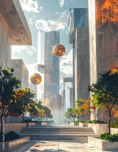 Futuristic cityscape with floating orbs technology.