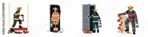 Foto Set of four illustrations showing professional firefighters in protective gear performing search and rescue operations using lanterns in various dangerous environments