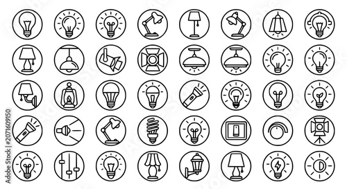 Photos Light and Lamp Outline Icon Collection with Bulbs Spotlights Illumination and Cr