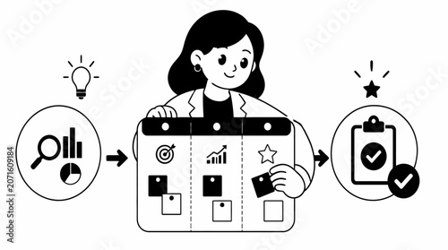 Woman analyzing data on digital dashboard interface.