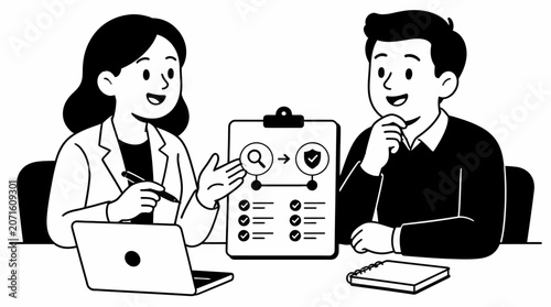 Business meeting with laptop and clipboard discussion.